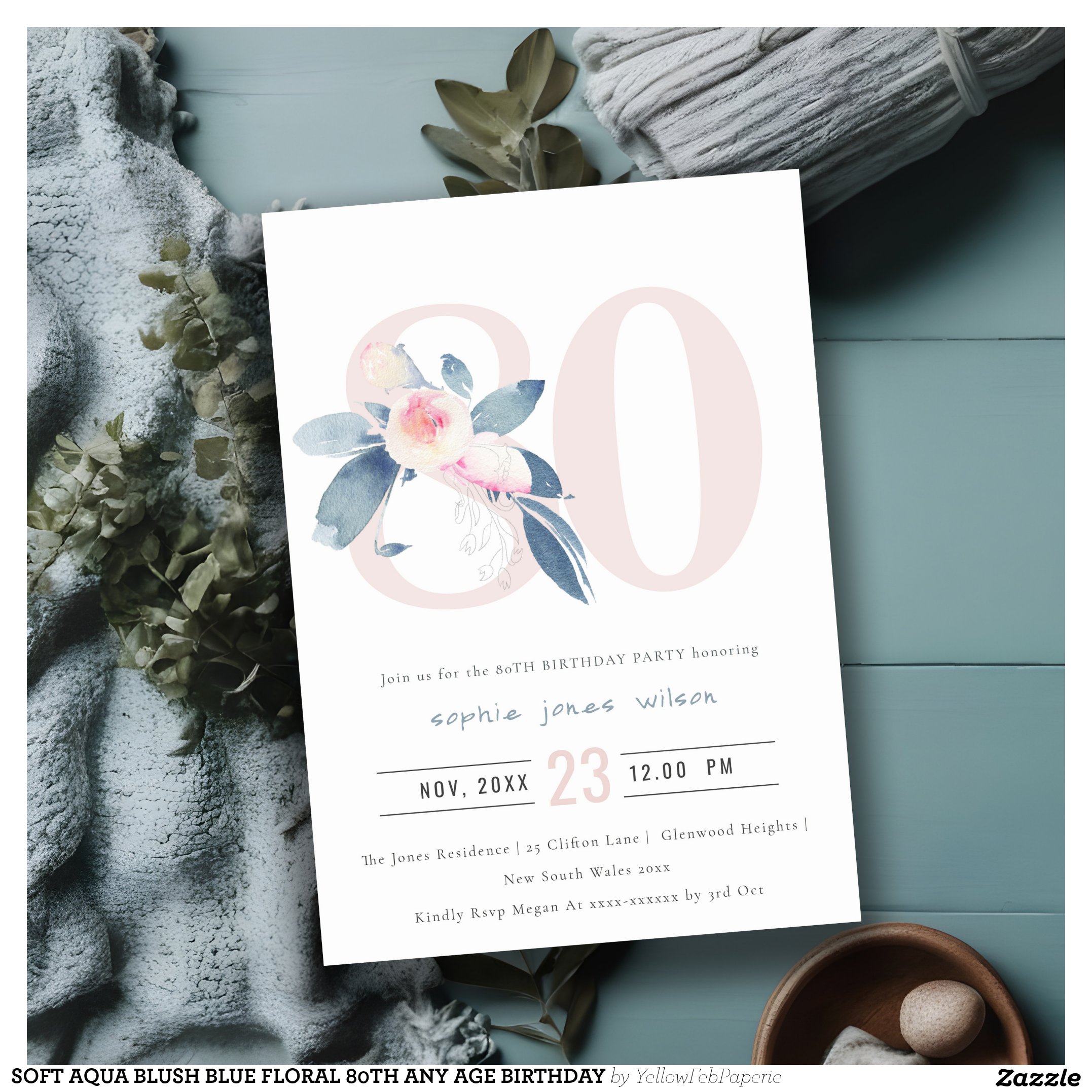 SOFT AQUA BLUSH BLUE FLORAL 80TH ANY AGE BIRTHDAY INVITATION