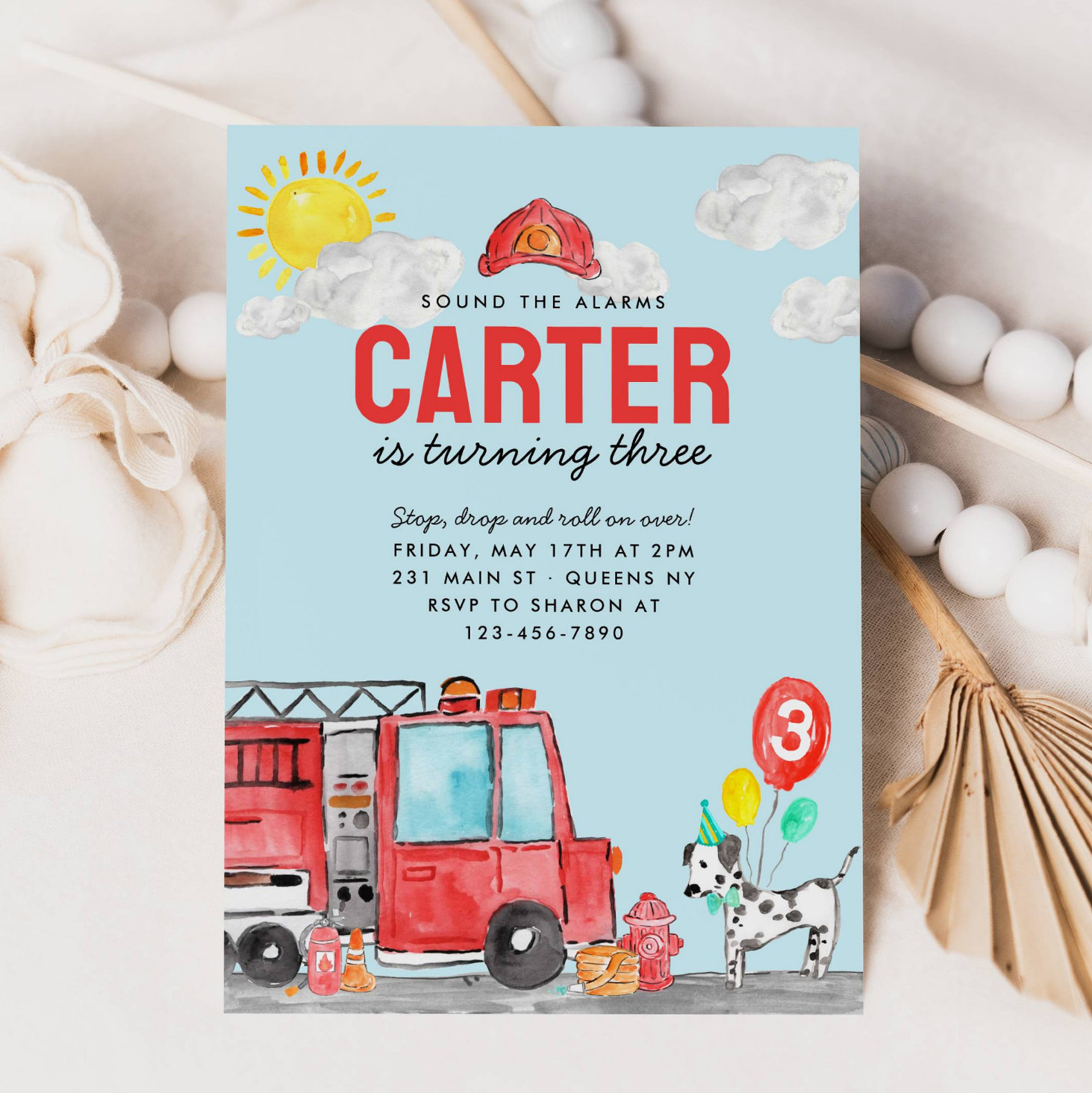 Sound the Alarm Fire Truck Firefighter Birthday Invitation