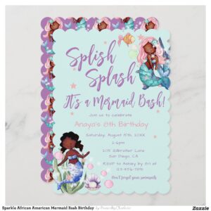 Sparkle African American Mermaid Bash Birthday  Invitation