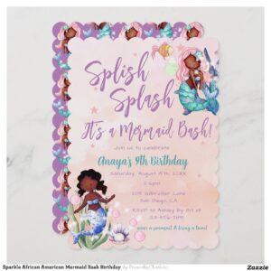 Sparkle African American Mermaid Bash Birthday  Invitation
