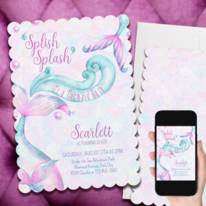 Splish Splash Mermaid Bash Girl Birthday Party Invitation
