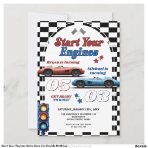 Start Your Engines Retro Race Car Double Birthday Invitation