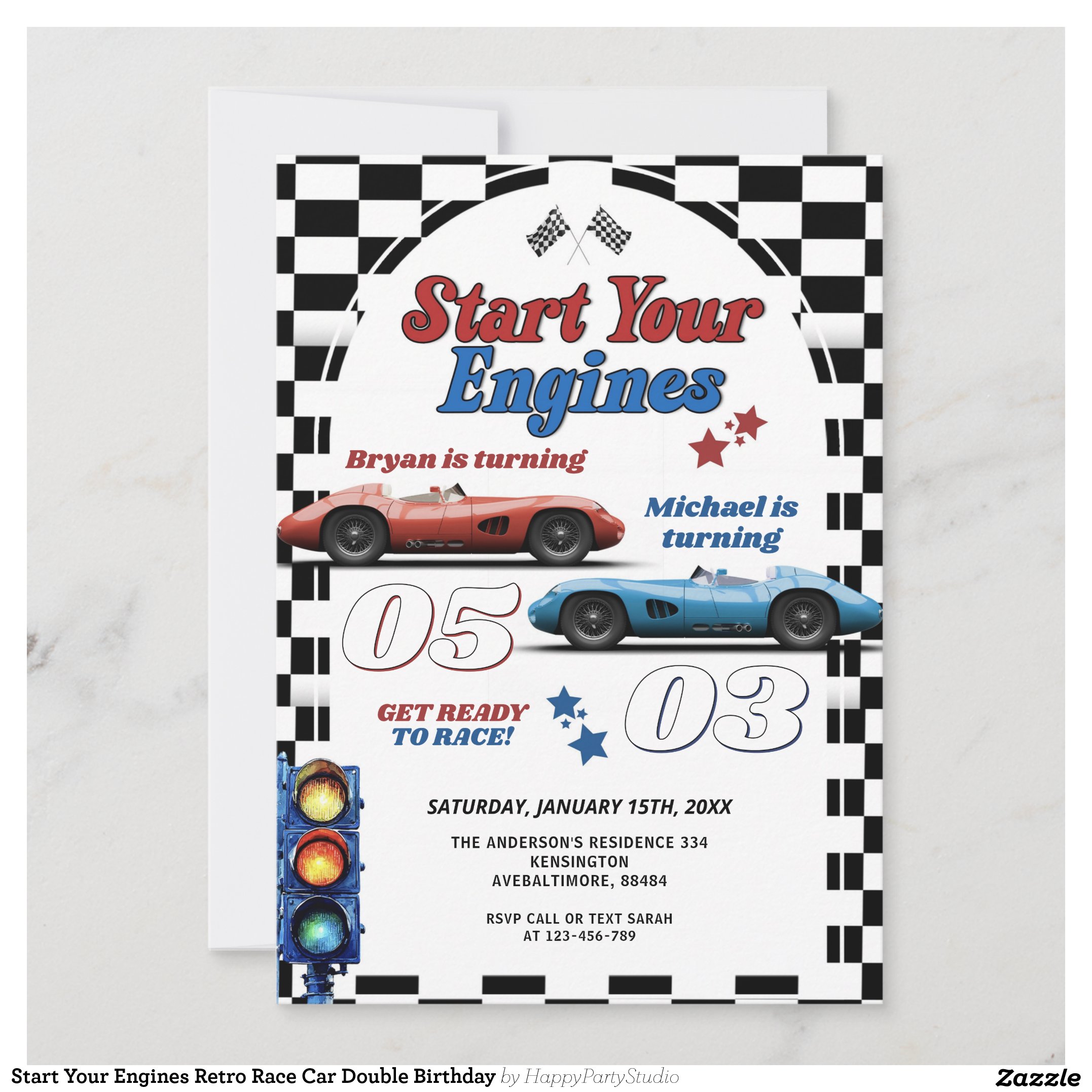 Start Your Engines Retro Race Car Double Birthday Invitation