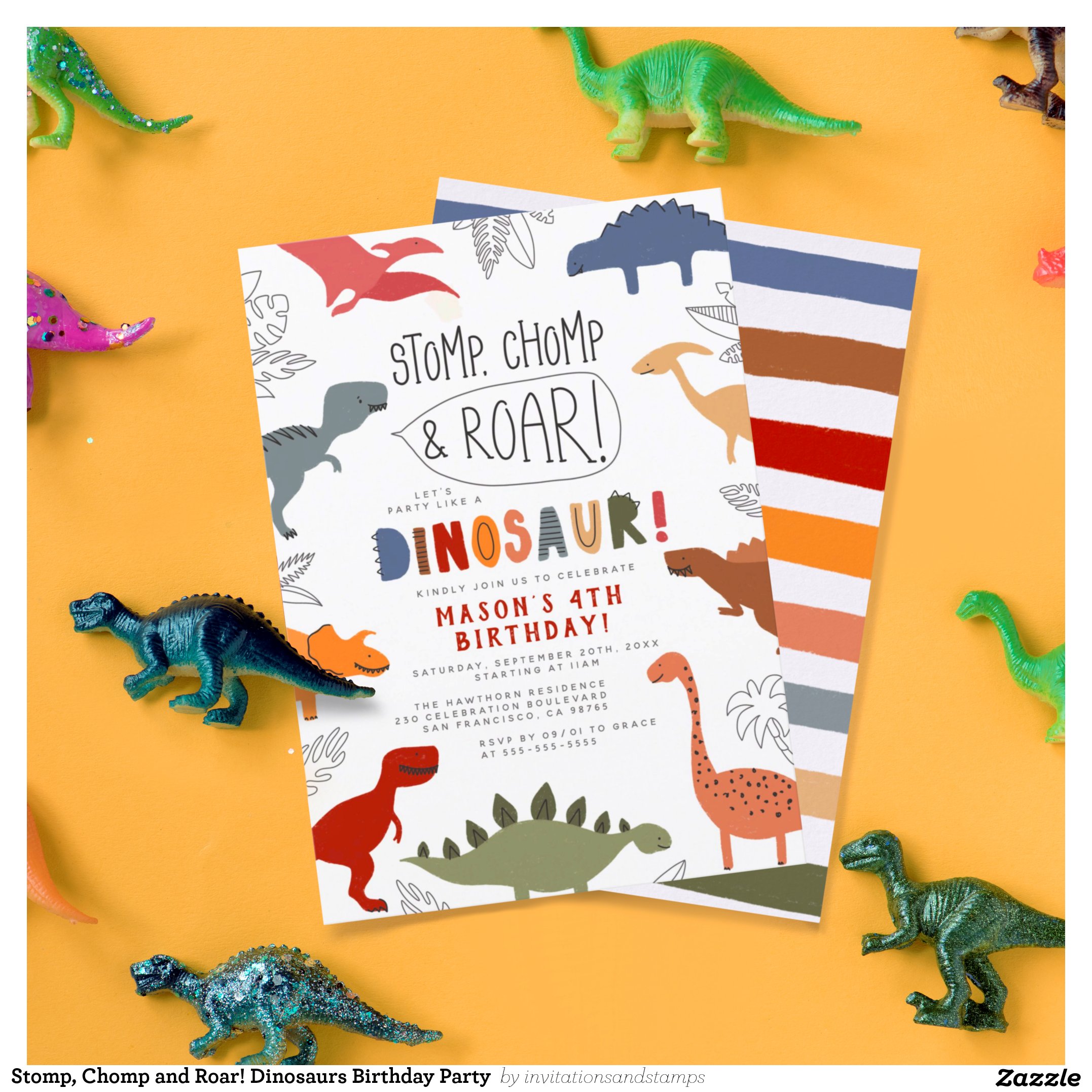 Stomp, Chomp and Roar! Dinosaurs Birthday Party Invitation