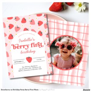 Strawberry 1st Birthday Party Berry First Photo Invitation