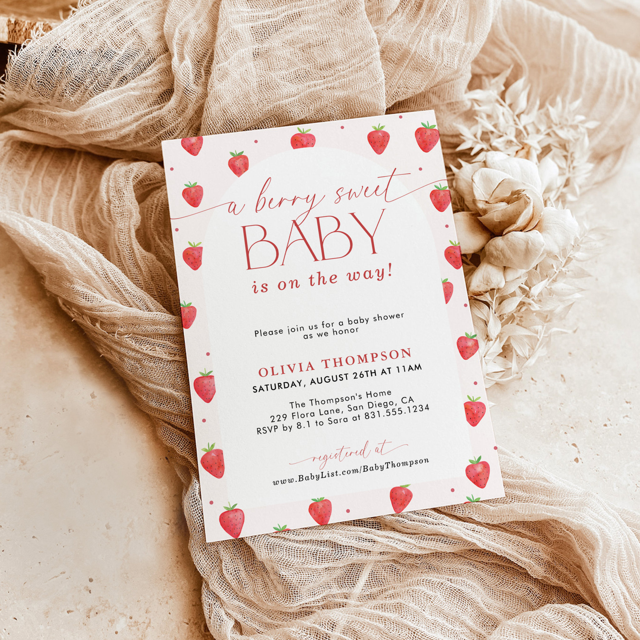 Strawberry Baby Shower Berry Sweet Baby Girl Invitation