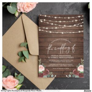 String Lights Eucalyptus & Burgundy Floral Wedding Invitation