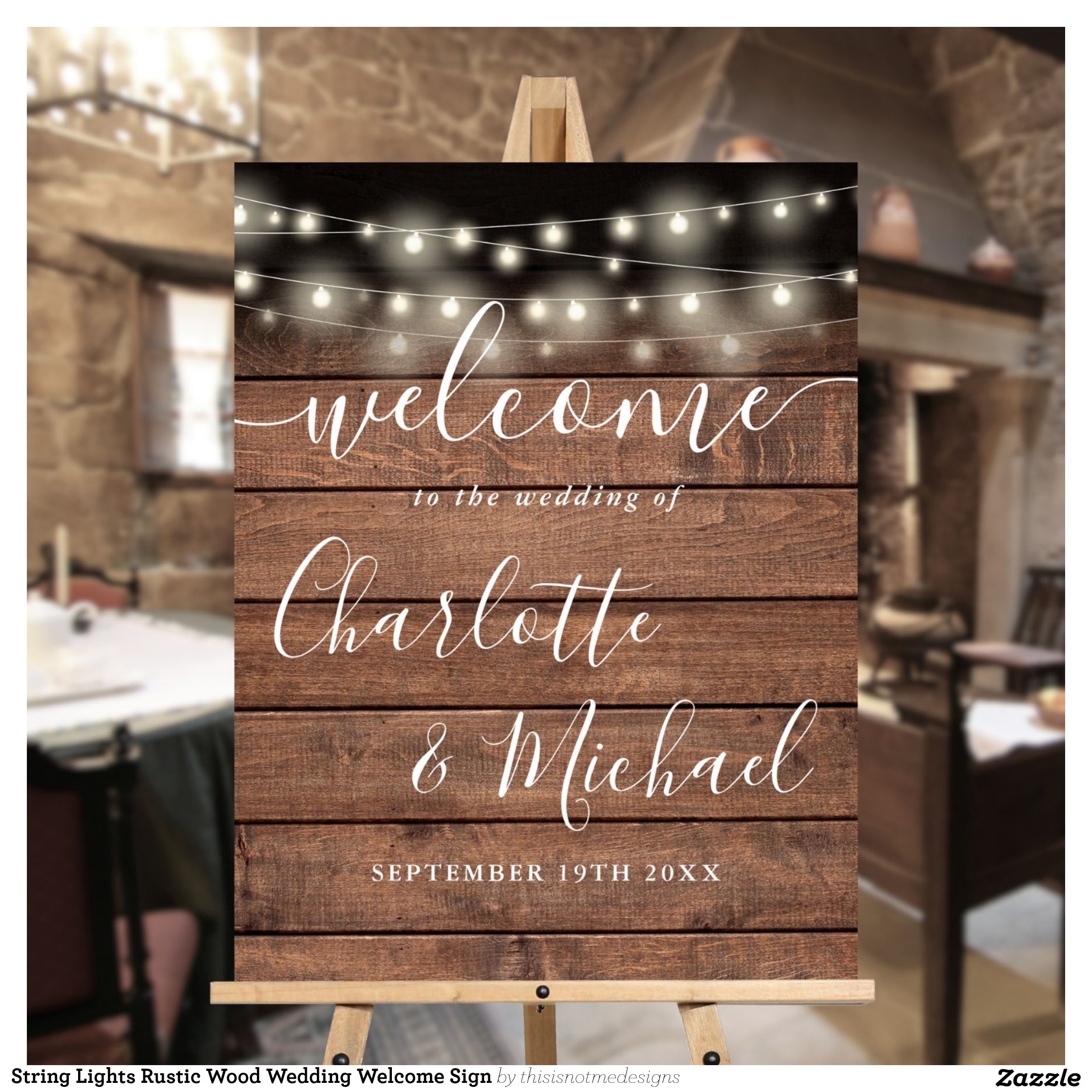 String Lights Rustic Wood Wedding Welcome Sign