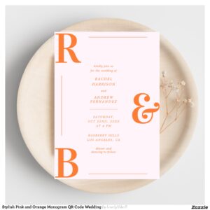 Stylish Pink and Orange Monogram QR Code Wedding Invitation
