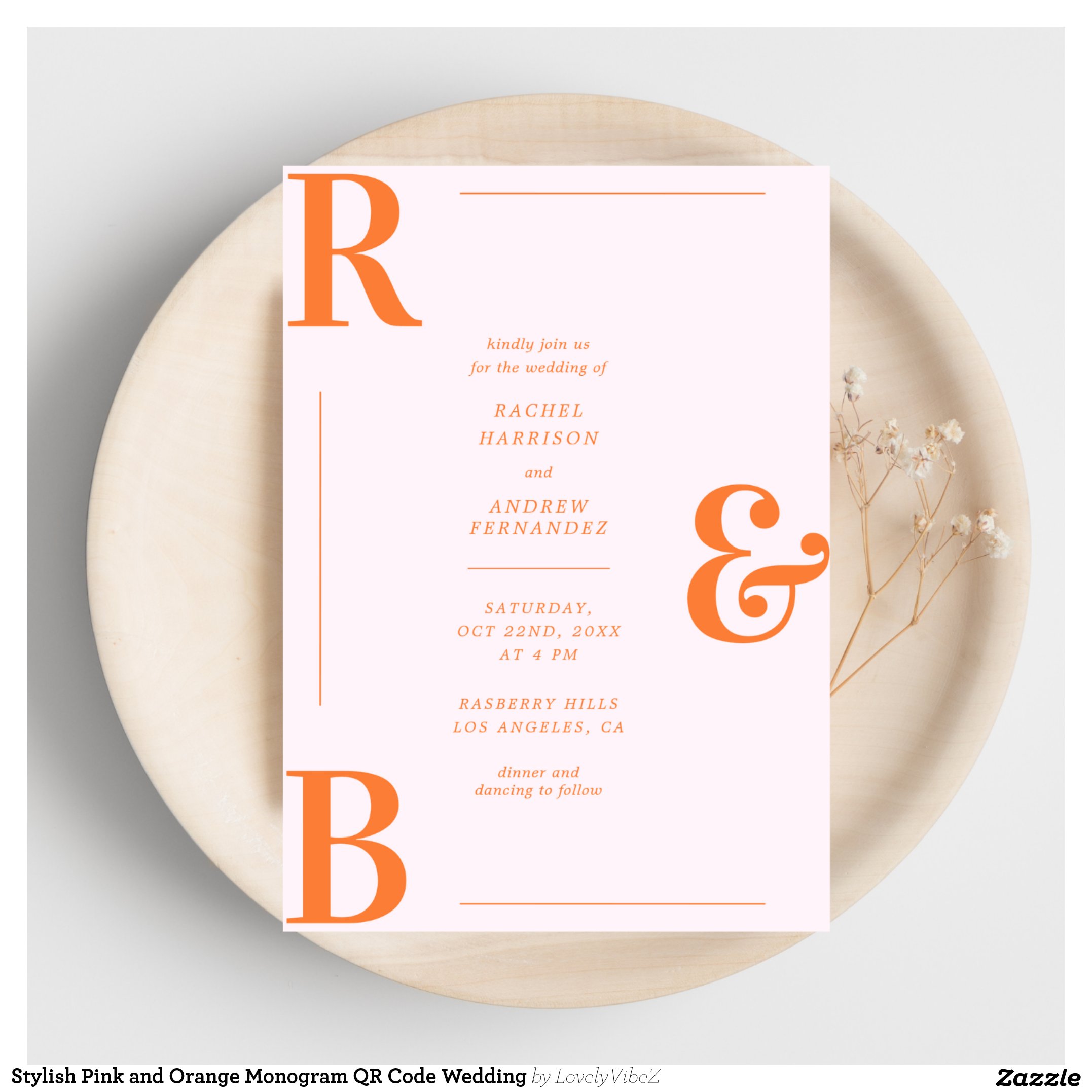 Stylish Pink and Orange Monogram QR Code Wedding Invitation