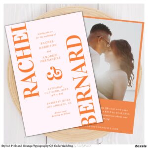 Stylish Pink and Orange Typography QR Code Wedding Invitation