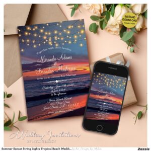 Summer Sunset String Lights Tropical Beach Wedding Invitation