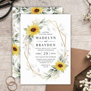 Sunflower Elegant Rustic Geometric Gold Wedding Invitation