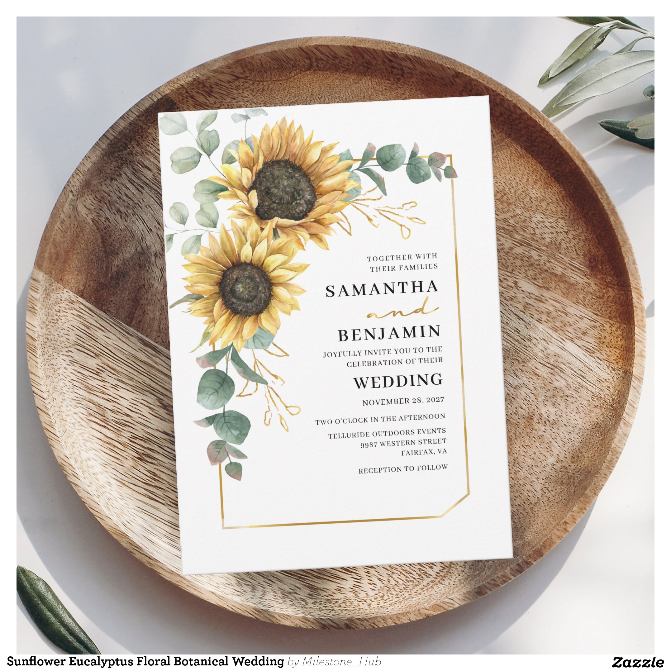 Sunflower Eucalyptus Floral Botanical Wedding Invitation