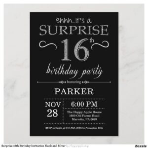 Surprise 16th Birthday Invitation Black and Silver