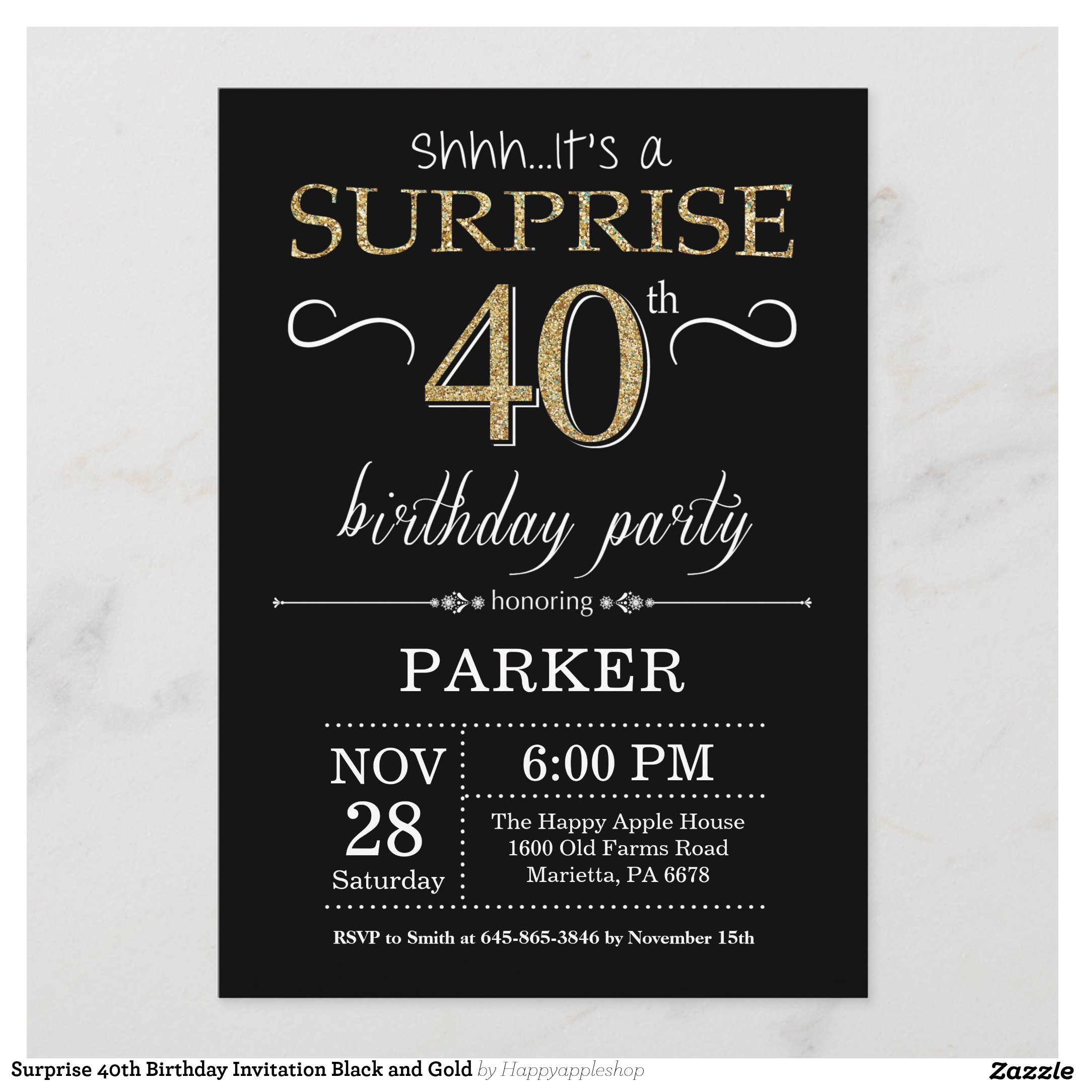 Surprise 40th Birthday Invitation Black and Gold