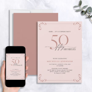 Surprise 50 & Fabulous Blush Pink & Black Birthday Invitation