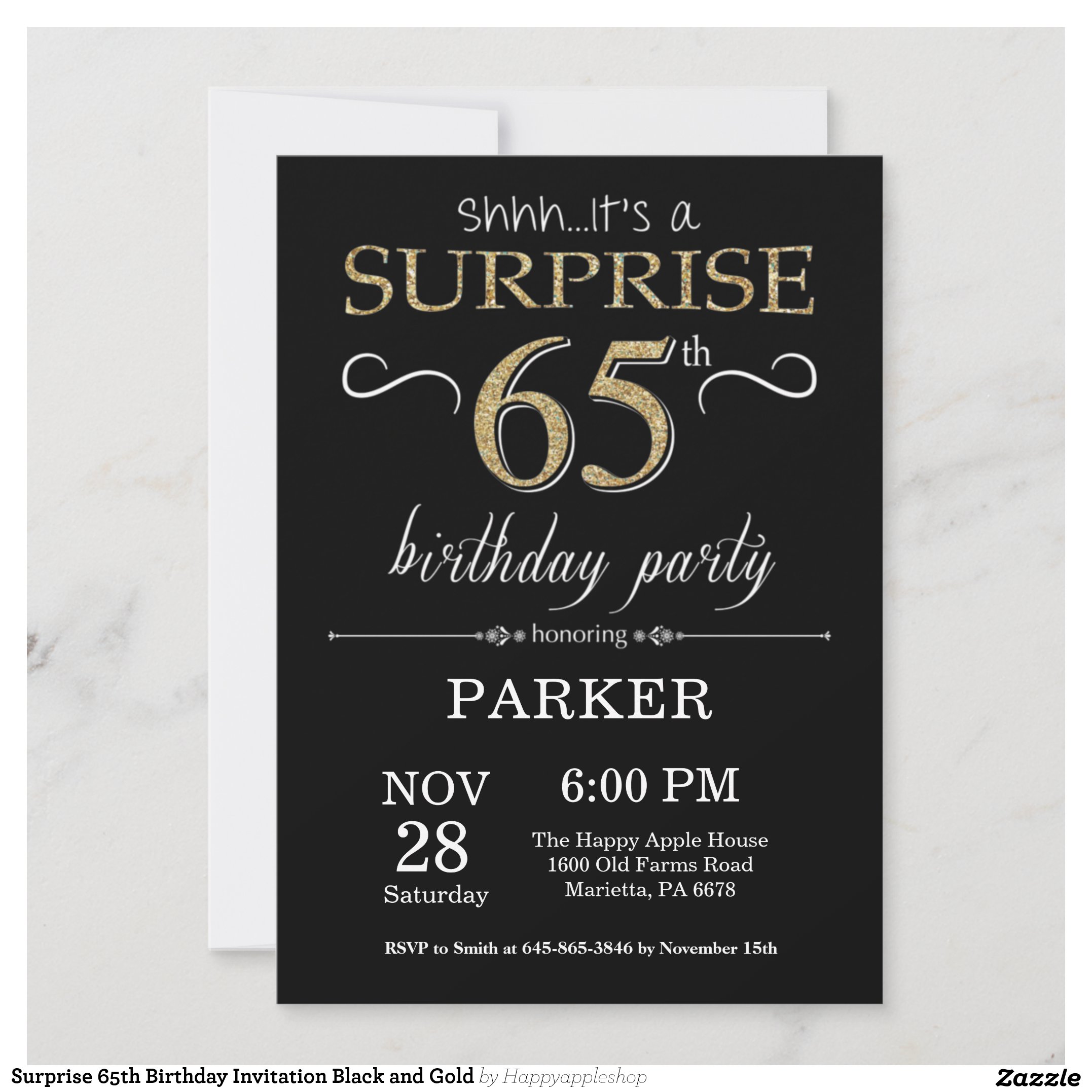 Surprise 65th Birthday Invitation Black and Gold