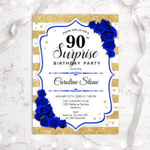 Surprise 90th Birthday - Gold White Royal Blue Invitation
