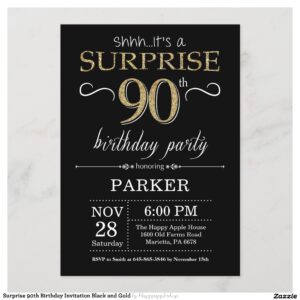 Surprise 90th Birthday Invitation Black and Gold