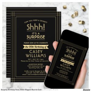 Surprise Birthday Party Shhh! Elegant Black & Gold Invitation