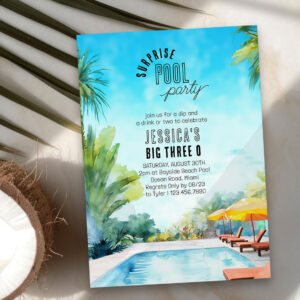 Surprise Pool Party Watercolor Adult Birthday Invitation