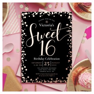 Sweet 16 Birthday Modern Glam Black Real Rose Gold Foil Invitation