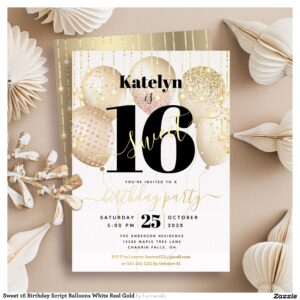 Sweet 16 Birthday Script Balloons White Real Gold Foil Invitation