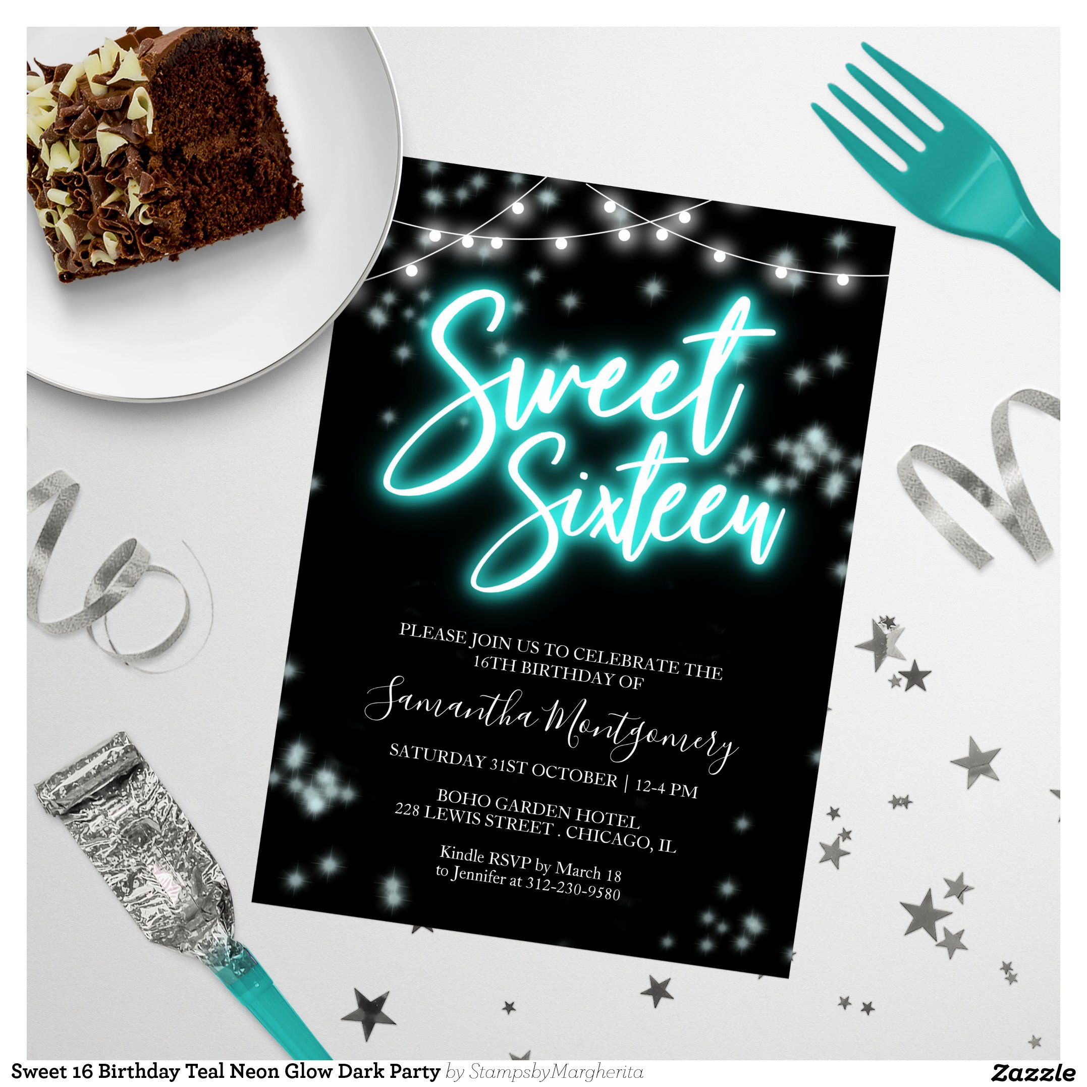 Sweet 16 Birthday Teal Neon Glow Dark Party Invitation