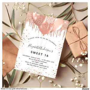 Sweet 16 rose gold white balloons invitation