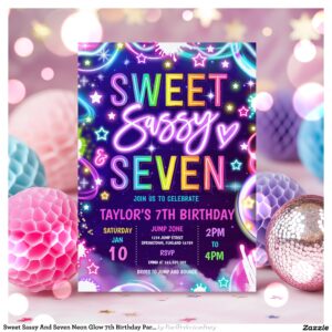 Sweet Sassy And Seven Neon Glow 7th Birthday Party Invitation