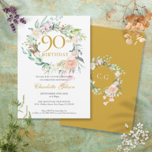 Sweet Summer Roses Garland Monogram 90th Birthday Invitation