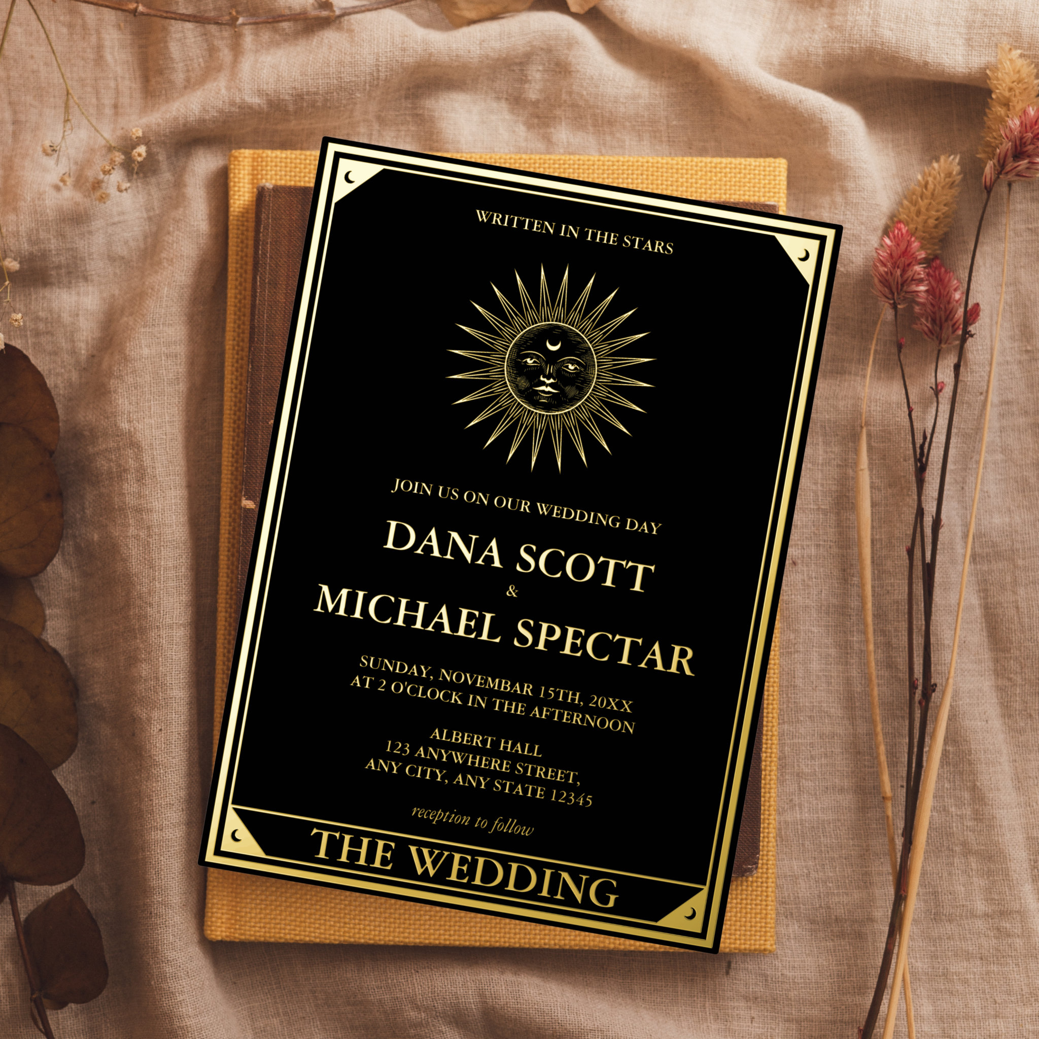 Tarot Celestial Wedding Sun Moon Stars Gold Foil Invitation
