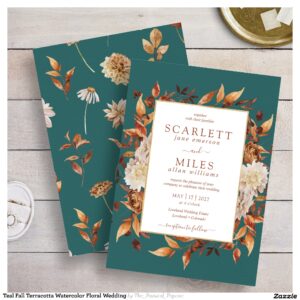 Teal Fall Terracotta Watercolor Floral Wedding Invitation
