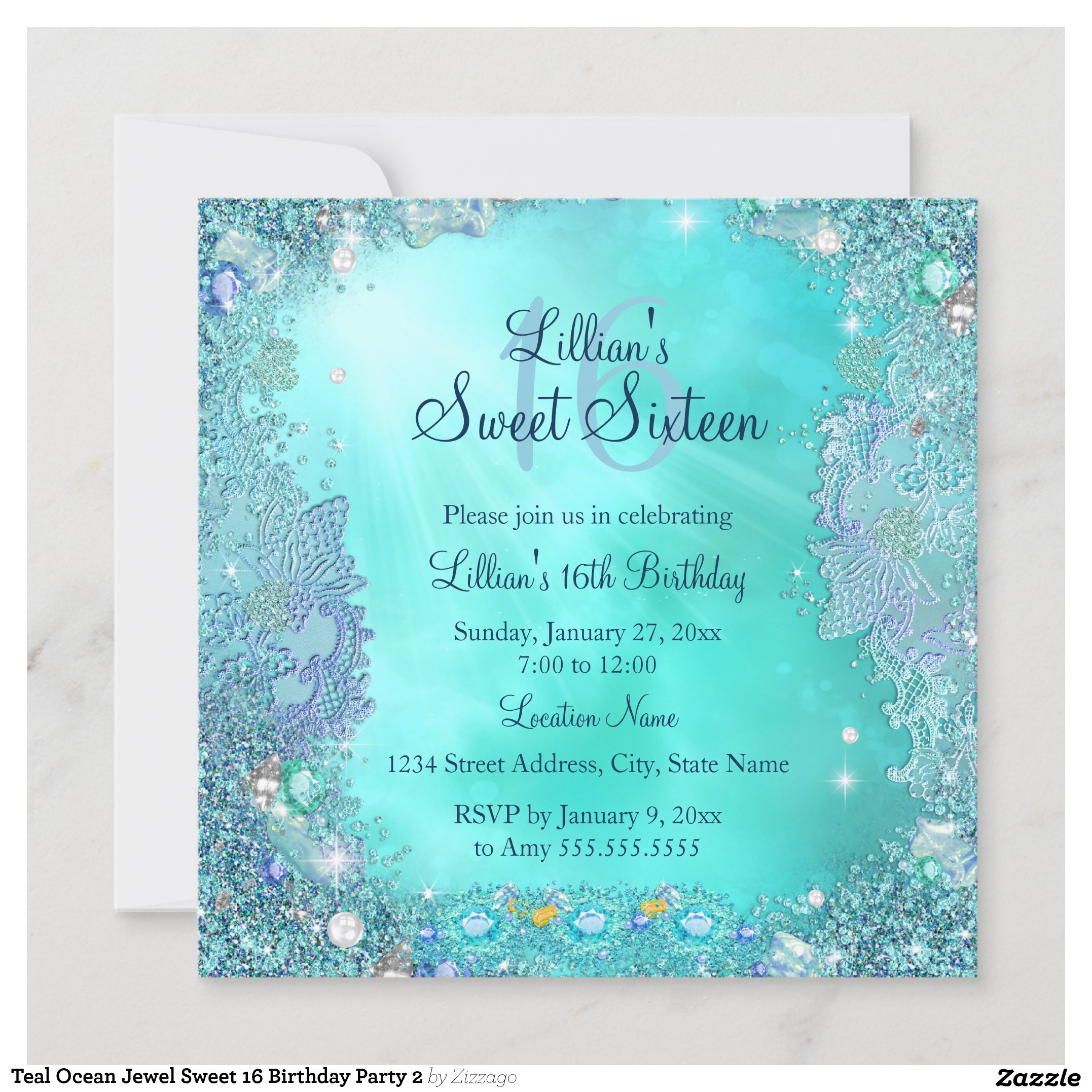Teal Ocean Jewel Sweet 16 Birthday Party 2 Invitation