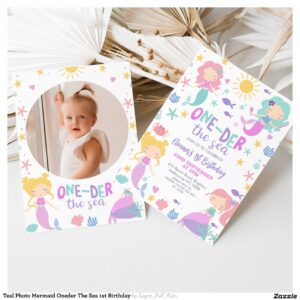 Teal Photo Mermaid Oneder The Sea 1st Birthday Invitation