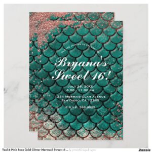 Teal & Pink Rose Gold Glitter Mermaid Sweet 16    Invitation