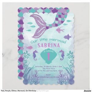 Teal, Purple, Glitter, Mermaid, Girl Birthday Invitation