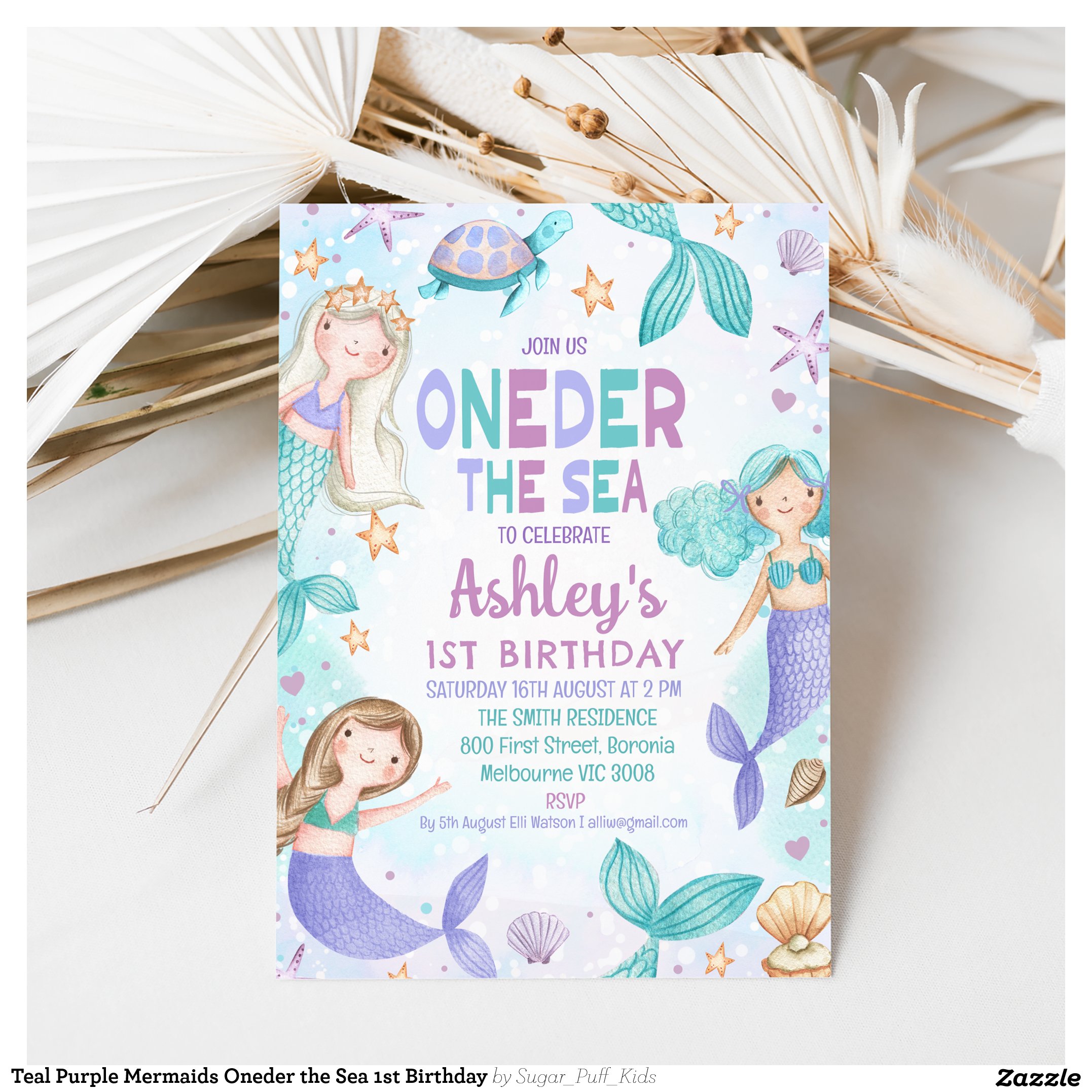 Teal Purple Mermaids Oneder the Sea 1st Birthday Invitation