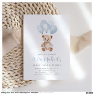 Teddy Bear Blue Balloon Beary First Birthday Invitation