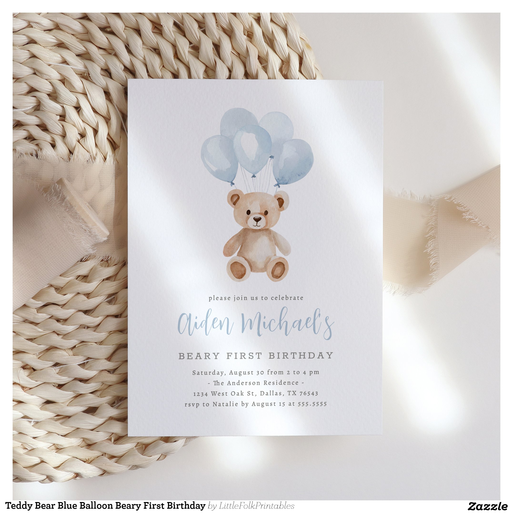 Teddy Bear Blue Balloon Beary First Birthday Invitation