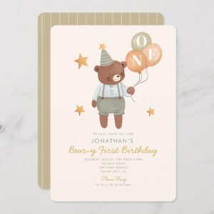 Teddy Bear Sage Green Beary First Birthday Invitation