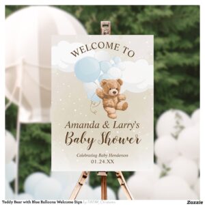 Teddy Bear with Blue Balloons Welcome Sign