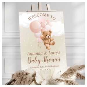 Teddy Bear with Pink Balloons Welcome Sign