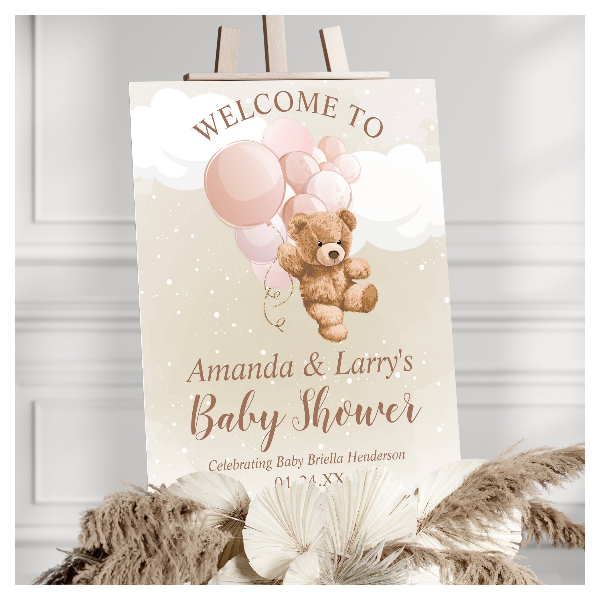 Teddy Bear with Pink Balloons Welcome Sign
