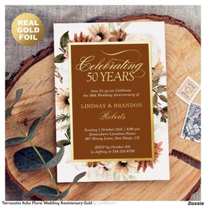 Terracotta Boho Floral Wedding Anniversary Gold Foil Invitation