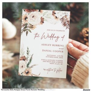 Terracotta Boho Pampas Grass Floral Autumn Wedding Invitation