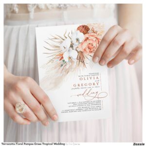Terracotta Floral Pampas Grass Tropical Wedding Invitation