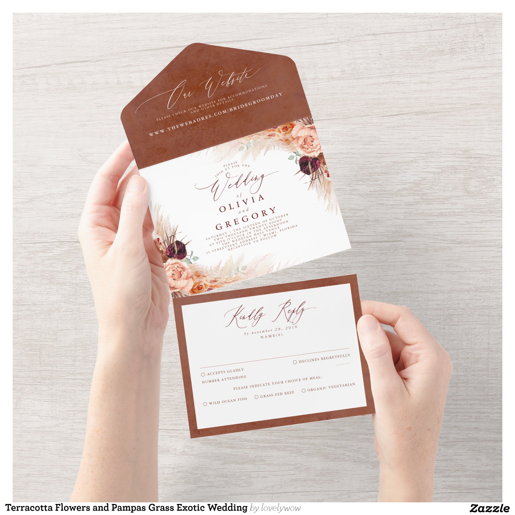 Terracotta Flowers and Pampas Grass Exotic Wedding All In One Invitation