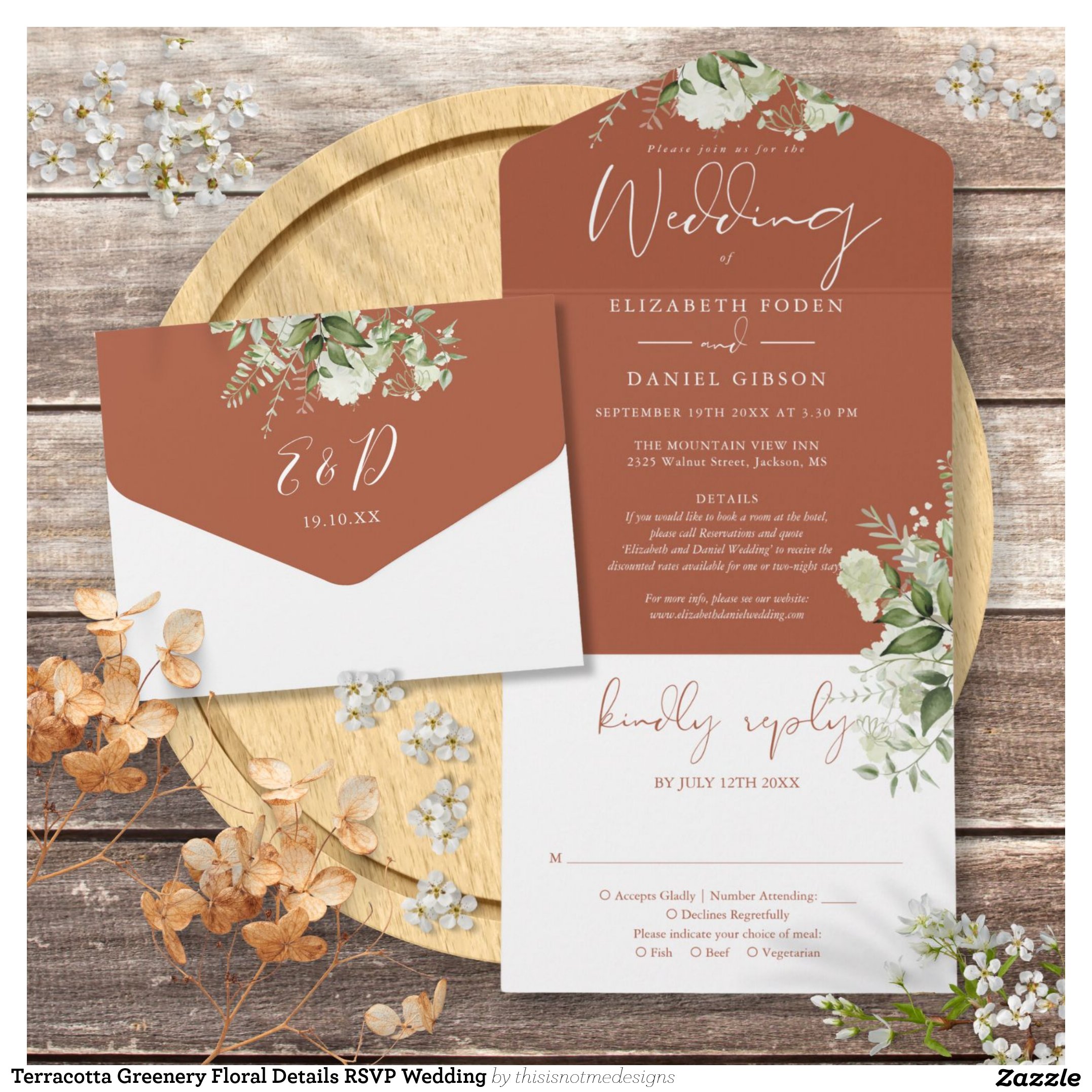 Terracotta Greenery Floral Details RSVP Wedding All In One Invitation